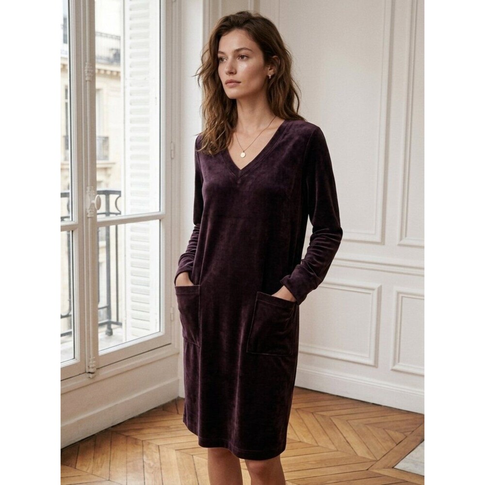 Pure Jill Eggplant Velour V-Neck Dress – Size Small